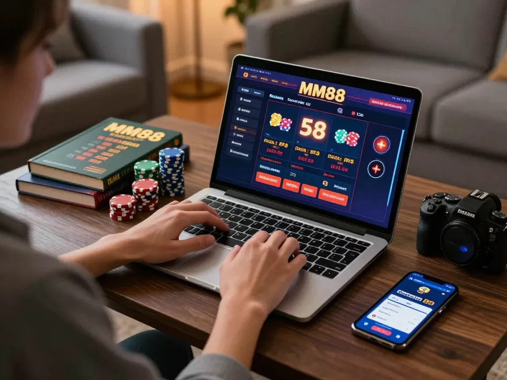 Engaged gamer strategizing bets on MM88 online casino platform with chips and books in cozy setting.