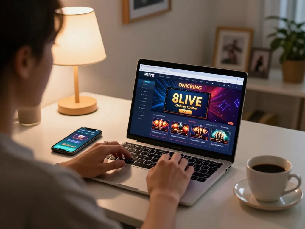 Engaged player using the 8LIVE online casino on a laptop, showcasing responsible gaming environment.