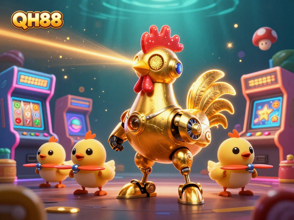 Engage with the QH88 casino experience featuring a vibrant 3D illustration of a robotic rooster and players.