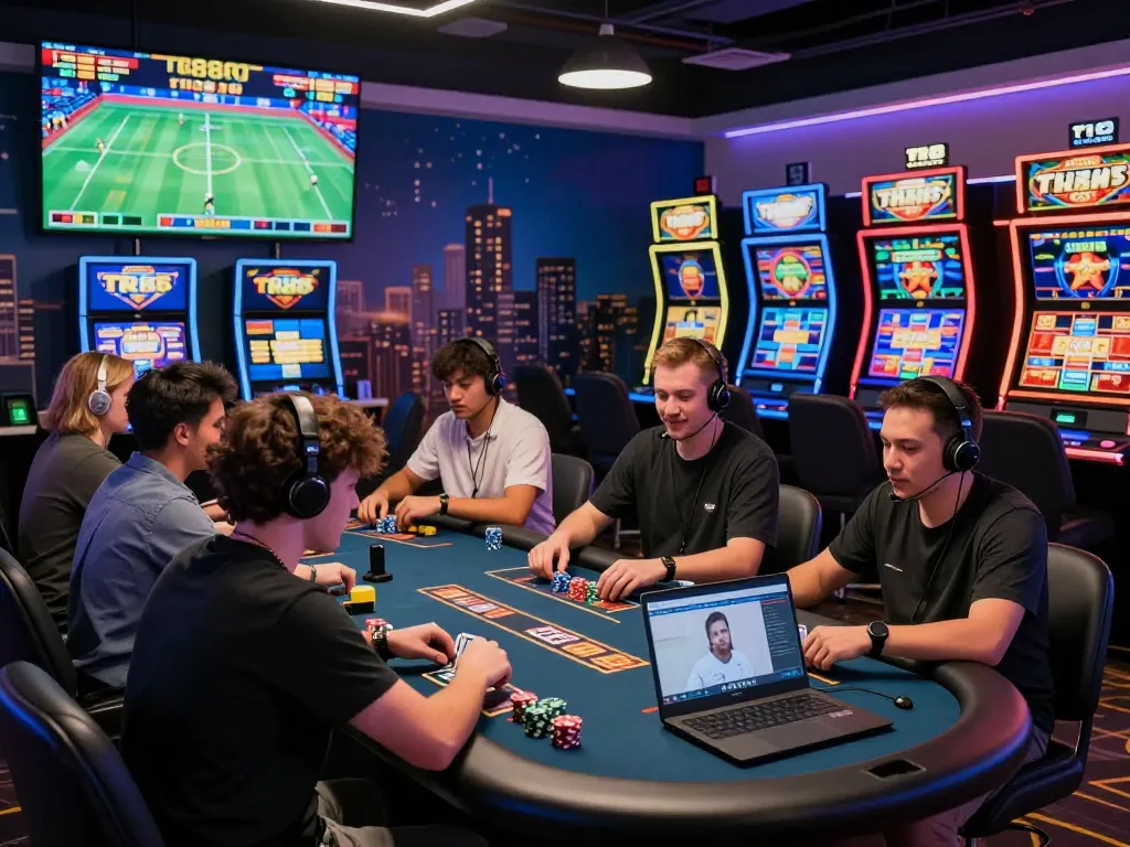 Players enjoying TR88 online gaming with live dealer, interactive sports betting screens, and vibrant slot machines.