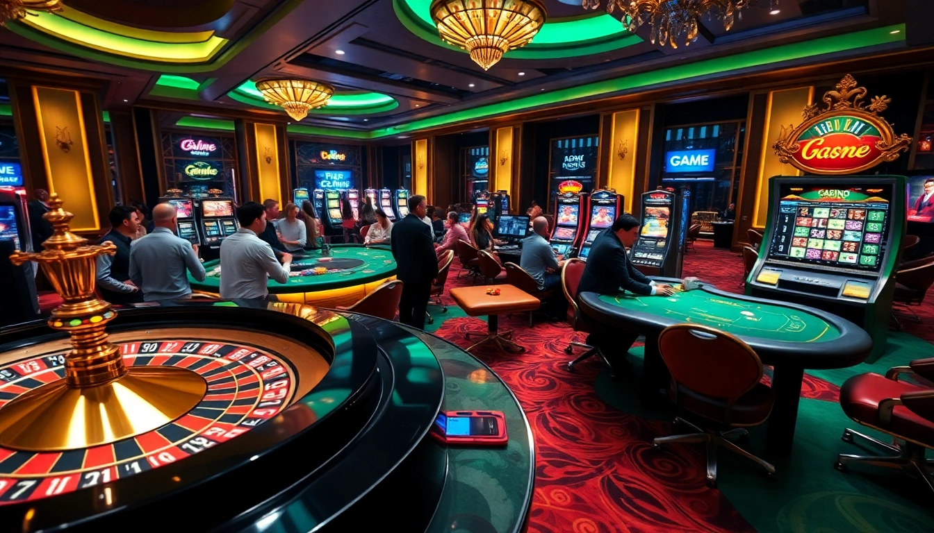 Experience the thrill of the 888VND GAME with players at lively casino tables and slot machines.