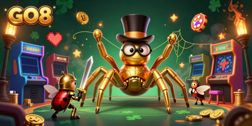 Experience the thrilling atmosphere of GO8 with a golden tarantula weaving luck in an arcade-casino dreamscape.