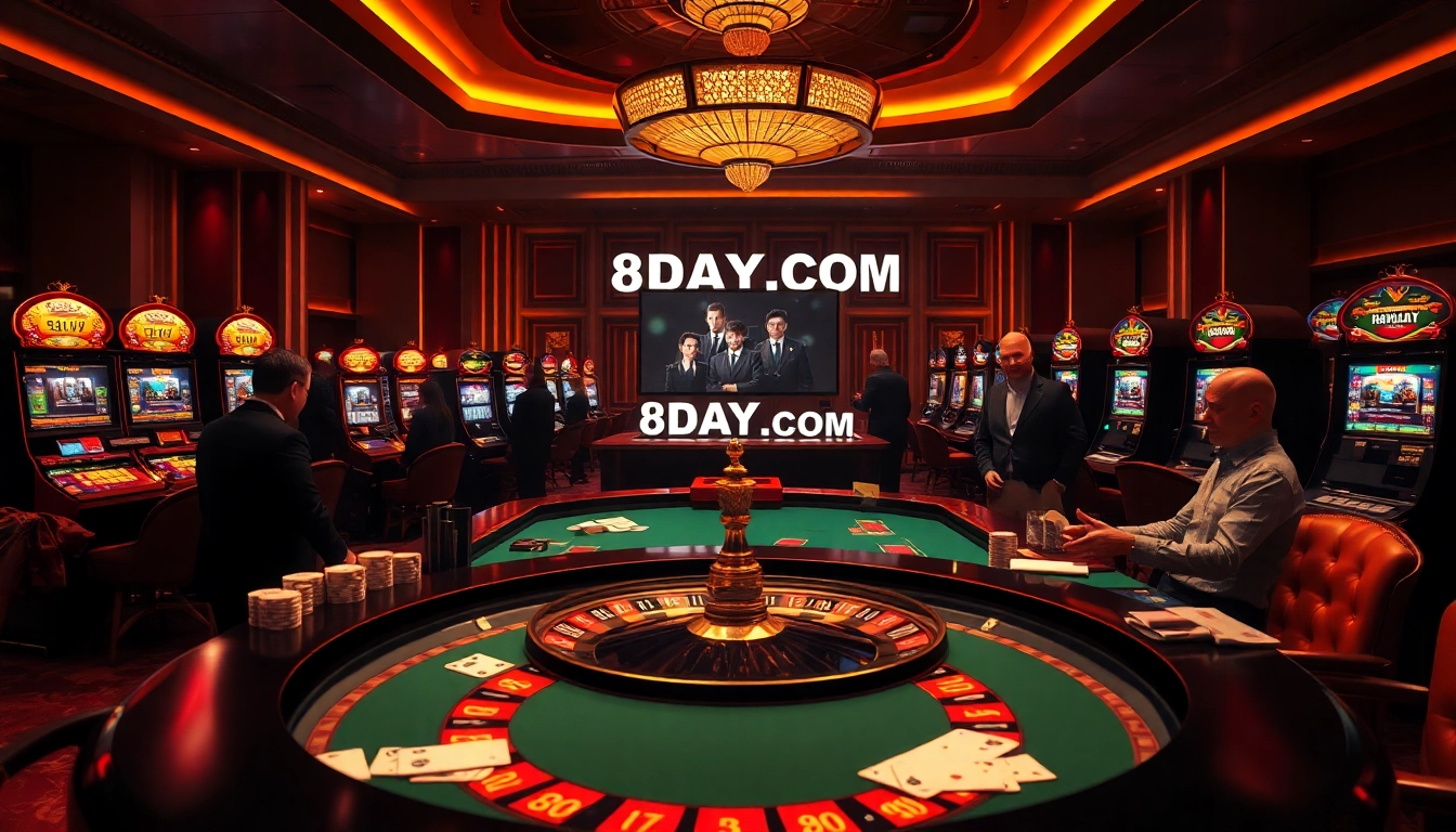 Experience the excitement at 8DAY.COM with a vibrant casino scene featuring roulette, cards, and high-stakes players.