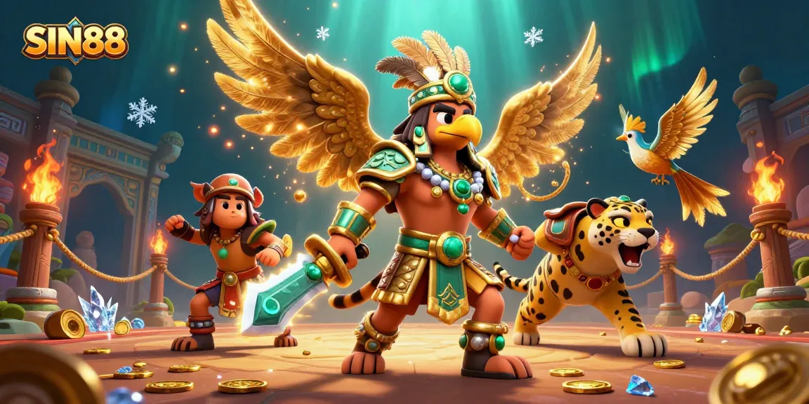 SIN88 boosts excitement with an Aztec warrior in a vibrant betting scene filled with glowing coins and action.