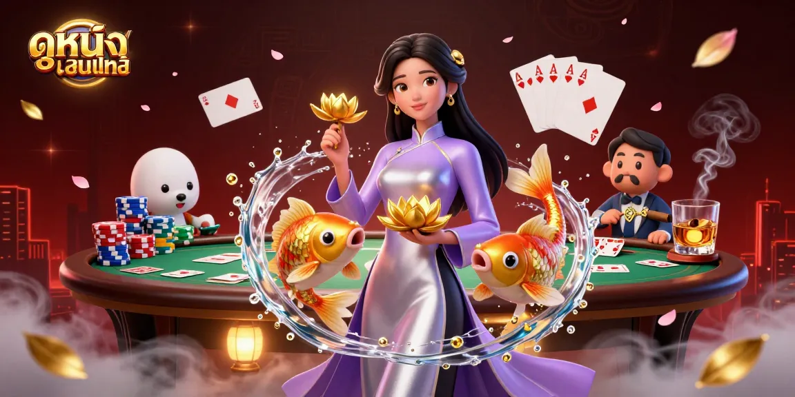 Experience ดูหนังออนไลน์ with dynamic poker action featuring an elegant Asian woman and golden koi fish.