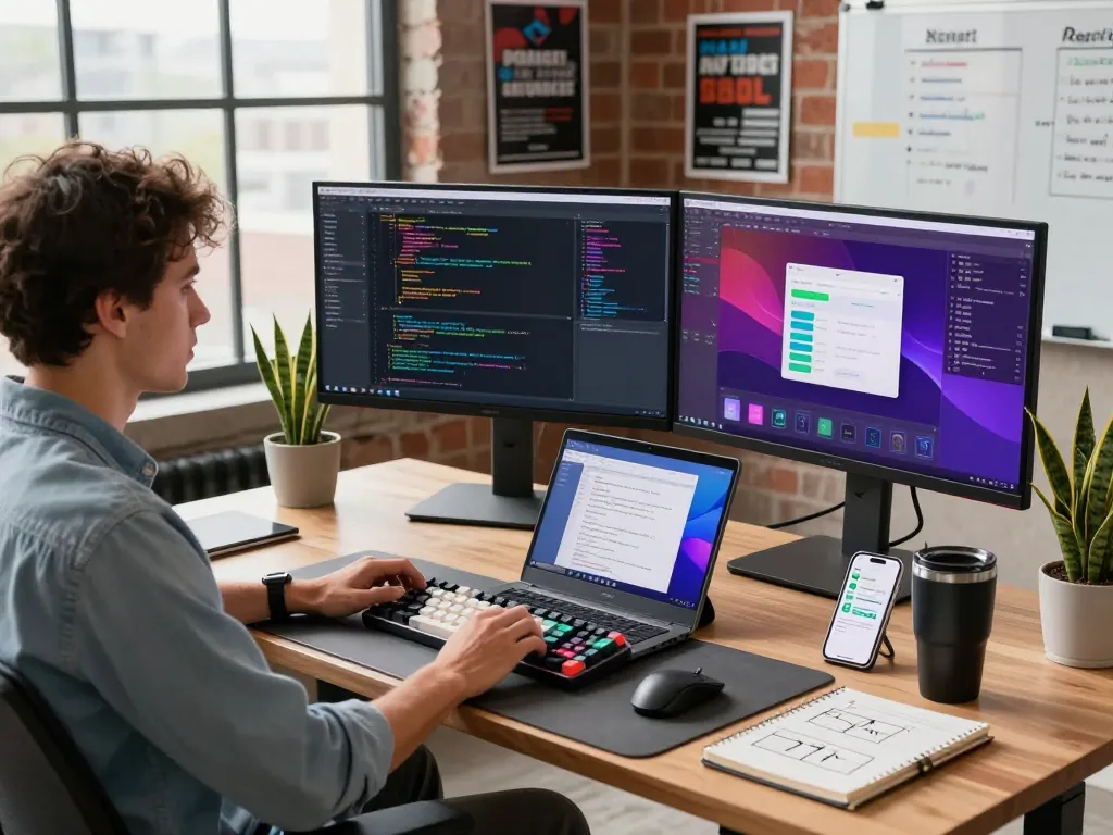 Moltbot AI developer workspace with coding setup, dual monitors, and productivity elements in a modern office.