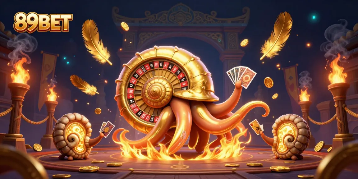 Engage with the vivid 3D casino scene showcasing 89BET, featuring a giant nautilus roulette wheel and glowing ammonites.
