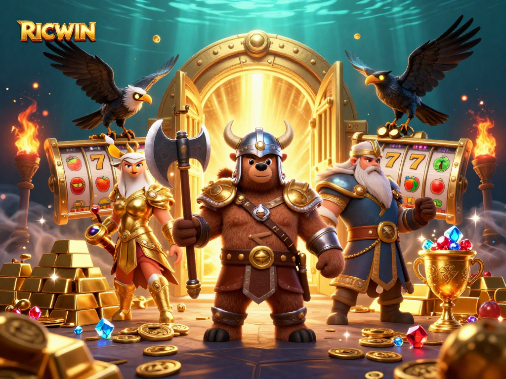 Win with RICWIN through immersive 3D Viking-themed slots featuring treasures and dynamic gameplay elements.