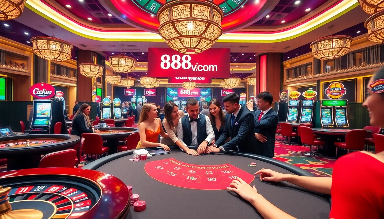 A vibrant casino scene showcasing players enjoying games at 888vi.com with roulette wheels and poker tables.