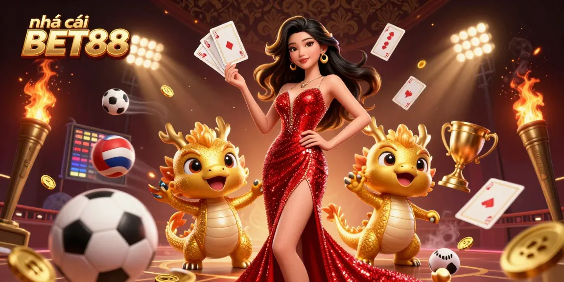Engaging scene with a stunning woman and golden dragon promoting nhà cái BET88's gaming experience and thrilling rewards.