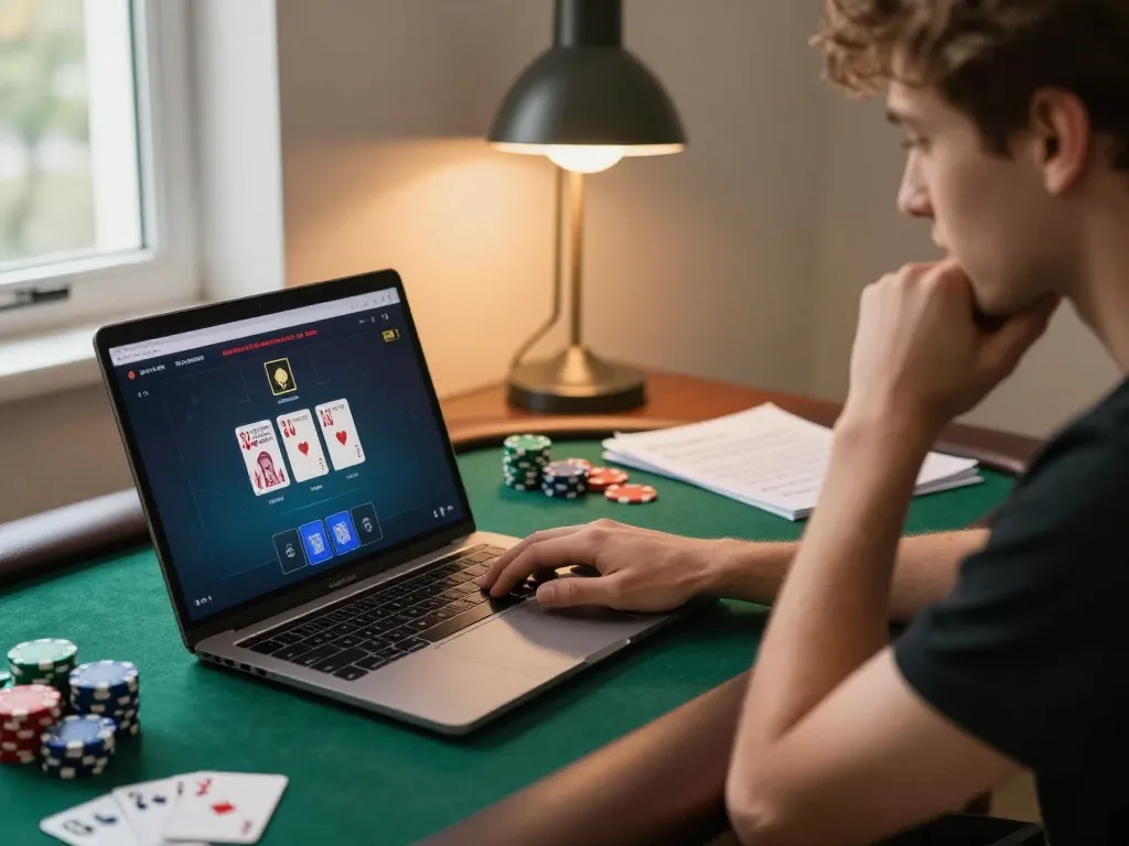 Player strategizing in an online poker game at home, showcasing 78wintl interface on laptop