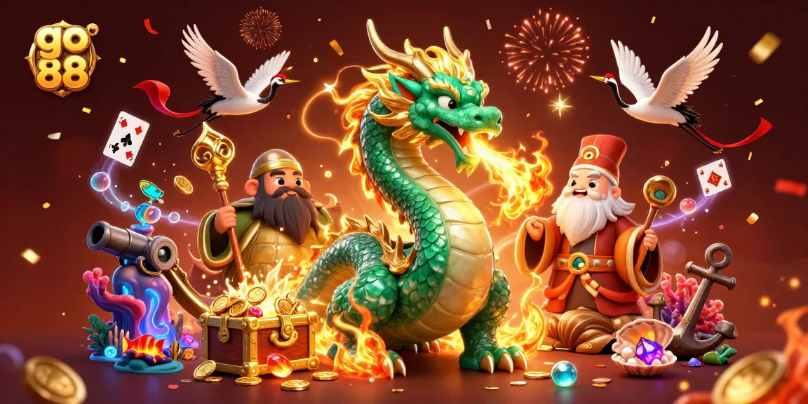 Experience the thrill of go 88 with a vibrant 3D casino scene filled with lucky symbols and treasures.