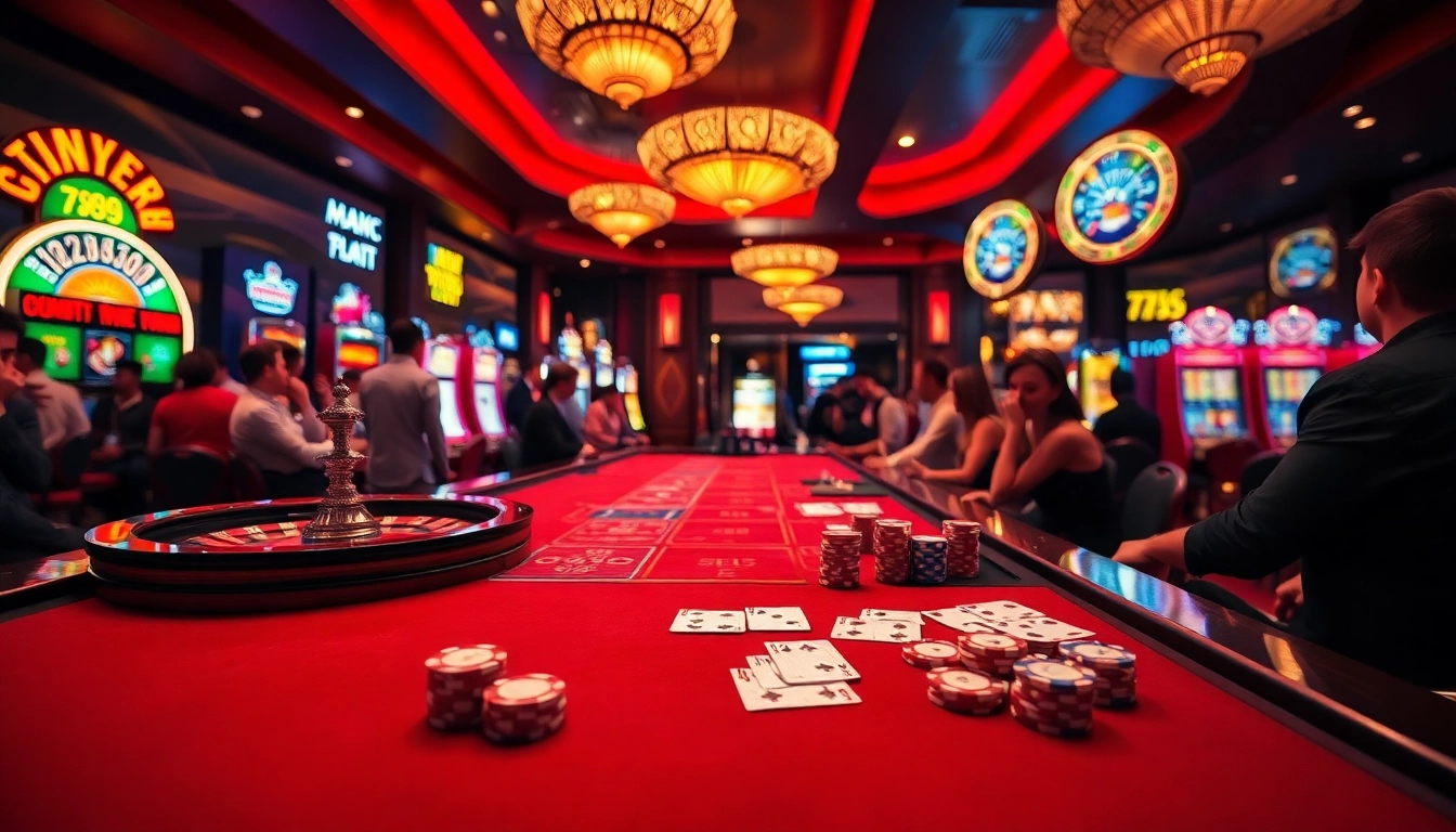 Players engaged in a thrilling game at 789f casino with vibrant poker chips and roulette wheel.