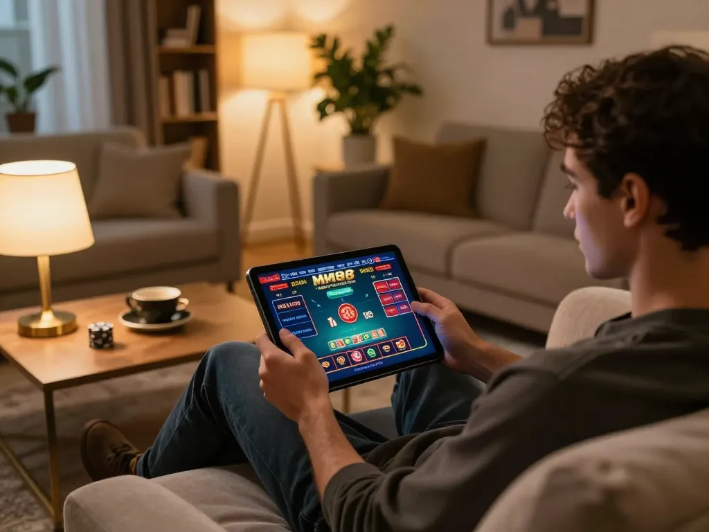 Player strategically engaged with MM88 online casino interface on tablet in cozy home environment