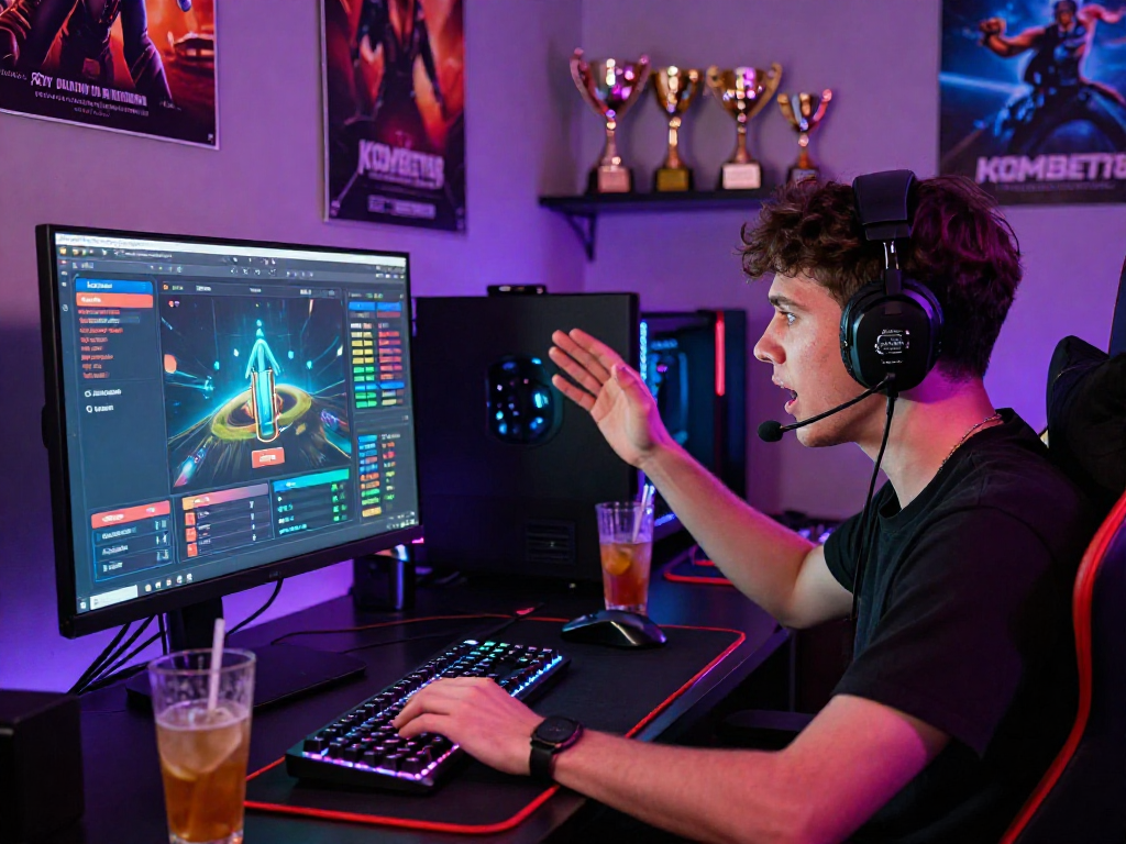 KOMBET168 live gaming scene with a passionate player and immersive setup