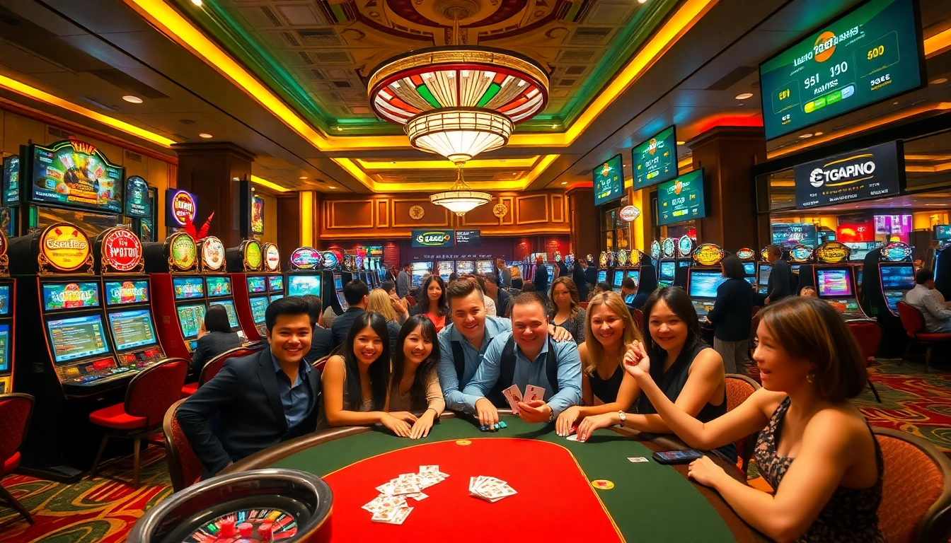 Players celebrate at a vibrant casino filled with slot machines, highlighting excitement from https://tg88pro.com/.