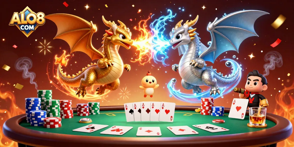 Engage in thrilling gambling at ALO8 COM with dynamic battles between fire and ice-breathing dragons at a poker table.