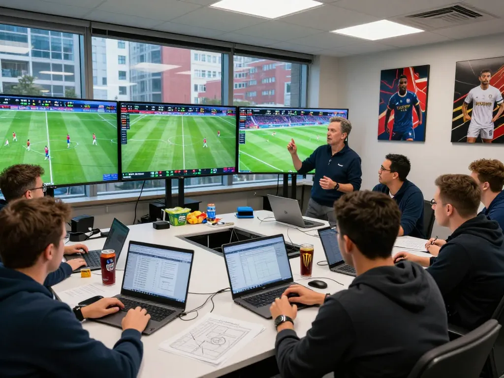 Real-time soccer analysis with nowgoal data in a vibrant sports analytics room featuring diverse analysts reviewing match stats and betting odds.
