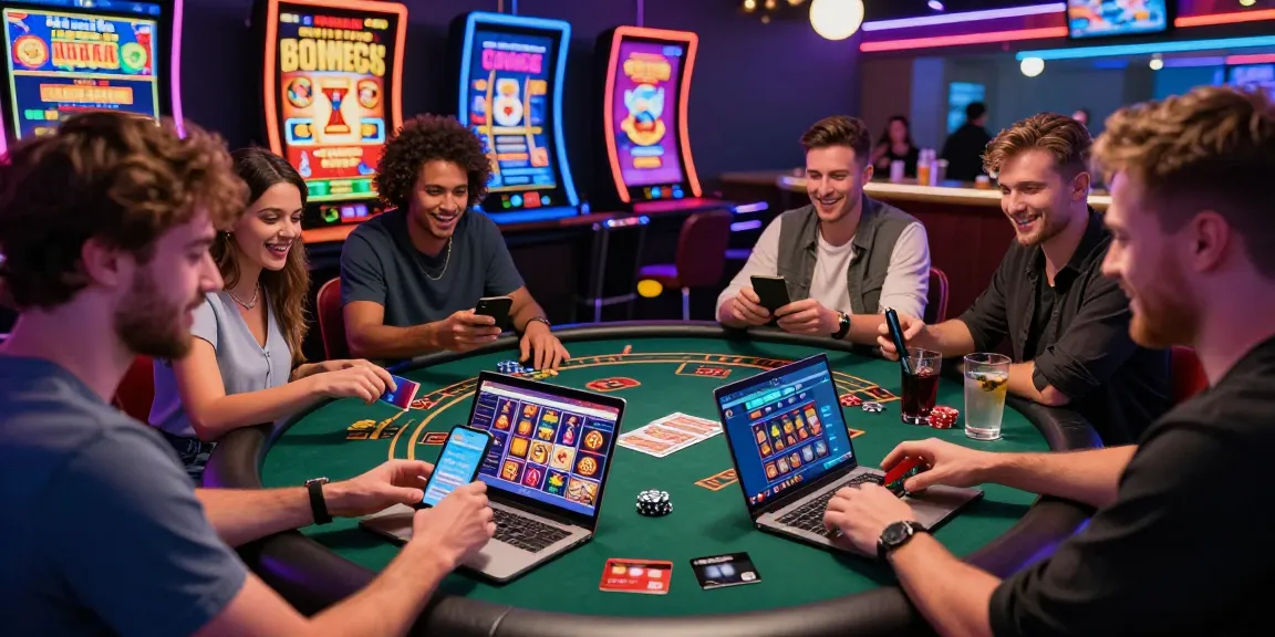 Excited UK players enjoying credit card casinos UK with vibrant gaming scene and energetic casino atmosphere.