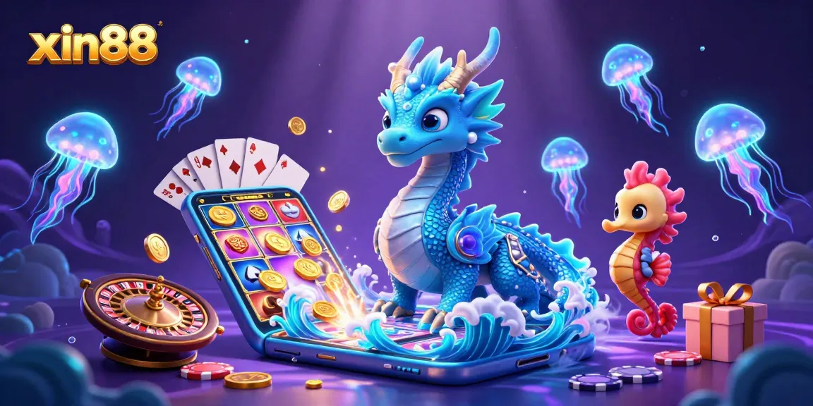 Spin and win at xin88, featuring vibrant 3D casino elements with a water dragon, seahorse knight, and jellyfish.