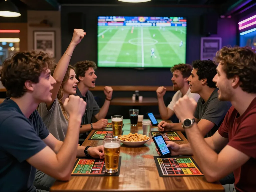 Exciting sports betting scene with friends enjoying vào bóng 1gom at a lively bar.