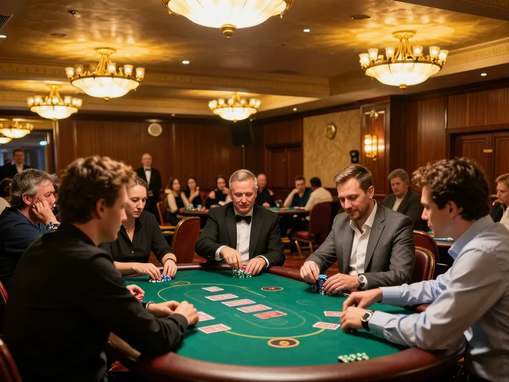 Players at go8 club poker tables celebrating winnings in an upscale casino atmosphere.
