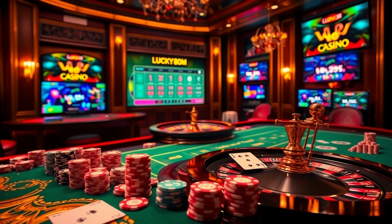 Engage with action-packed gaming at LUCKY88 COM featuring casino tables, chips, and vibrant roulette.
