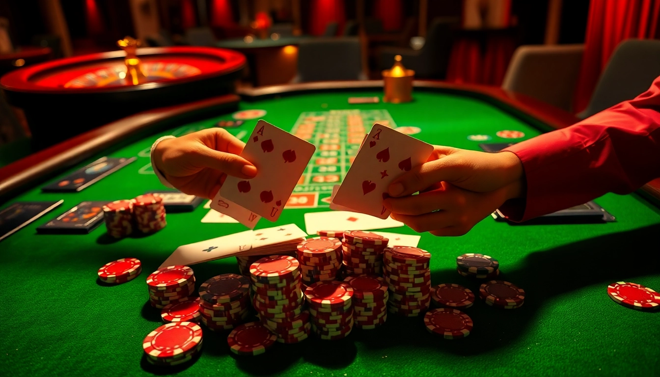Gambling action at MMOO with poker chips and cards on an elegant table.