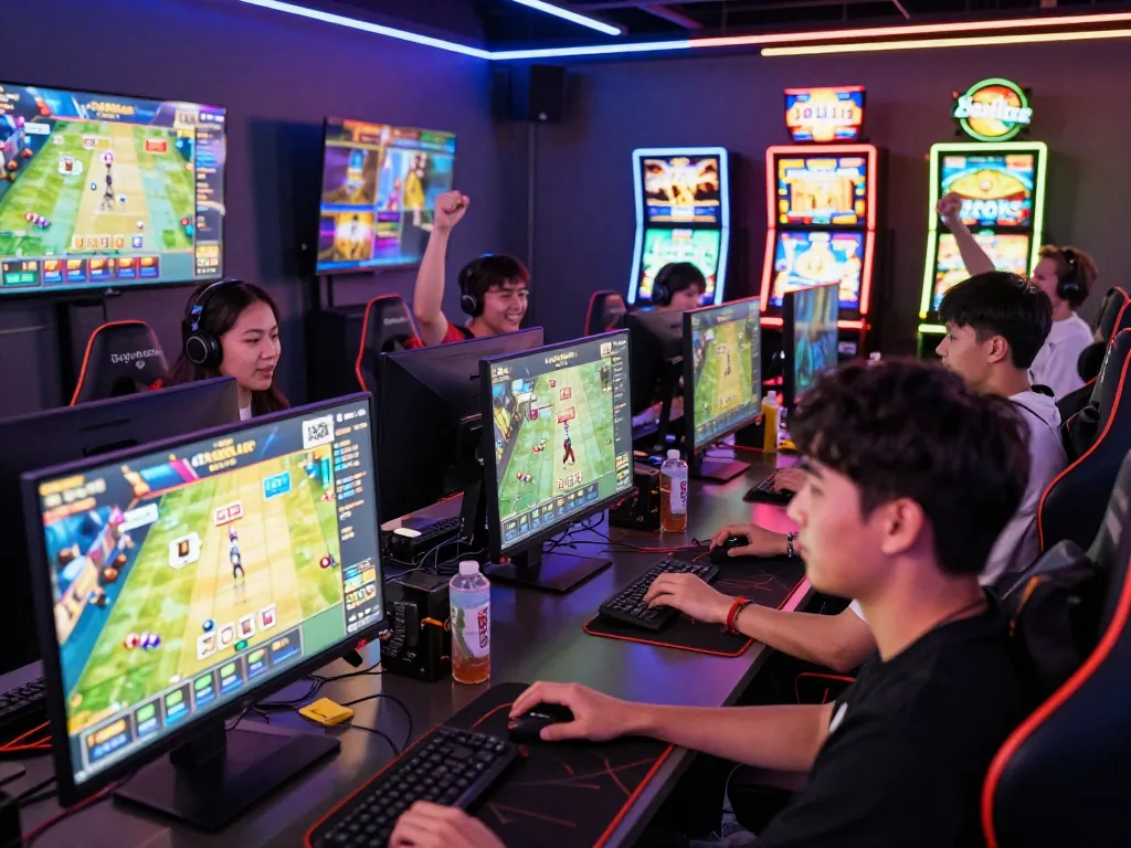 Engaged players celebrating at Sonclub online gaming hub with vibrant screens and gaming gear.