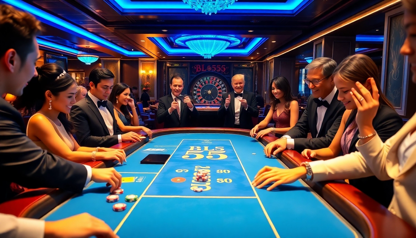 Engaged players at BL555 casino enjoying games with dealers, highlighting excitement and luxury.