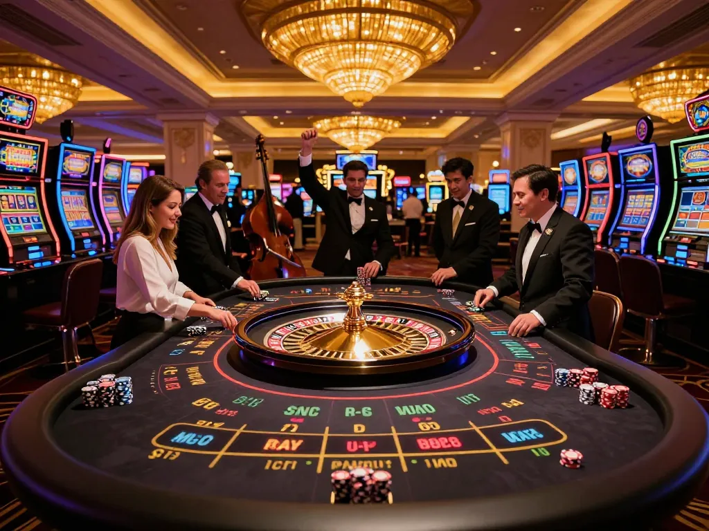 Exciting scene of players engaging at a roulette wheel in a vibrant Vegas casino, showcasing 79king-vn atmosphere