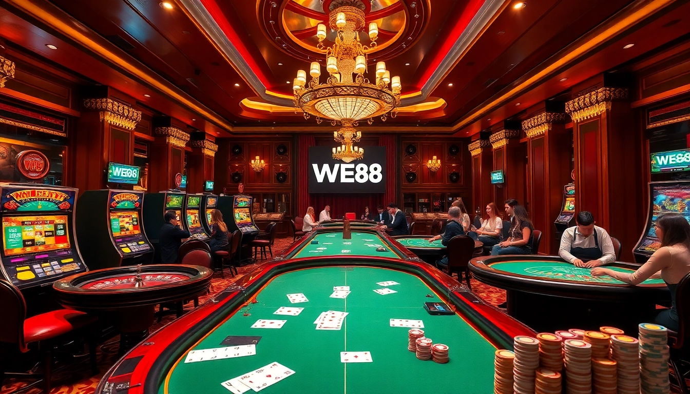 WE88 players enjoying a luxurious casino experience at poker and roulette tables.