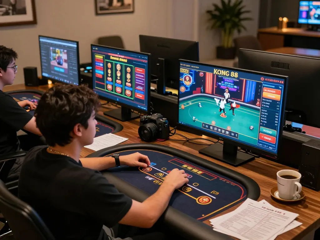 KONG 88 player engaging with live casino games on multiple screens at home.