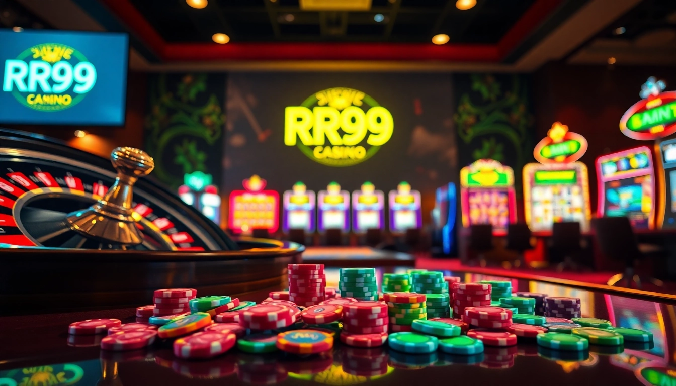 Experience the thrill of RR99 with vibrant casino elements like roulette and poker chips.