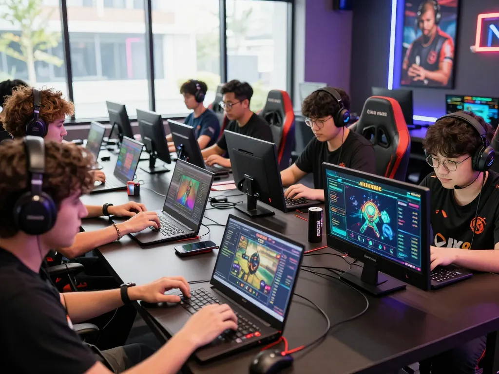 Players enjoying BK8 online gaming experience in a lively lounge with vibrant decor.
