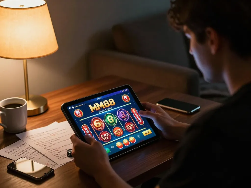 Player exploring winning strategies on the MM88 casino app from a cozy home setup.