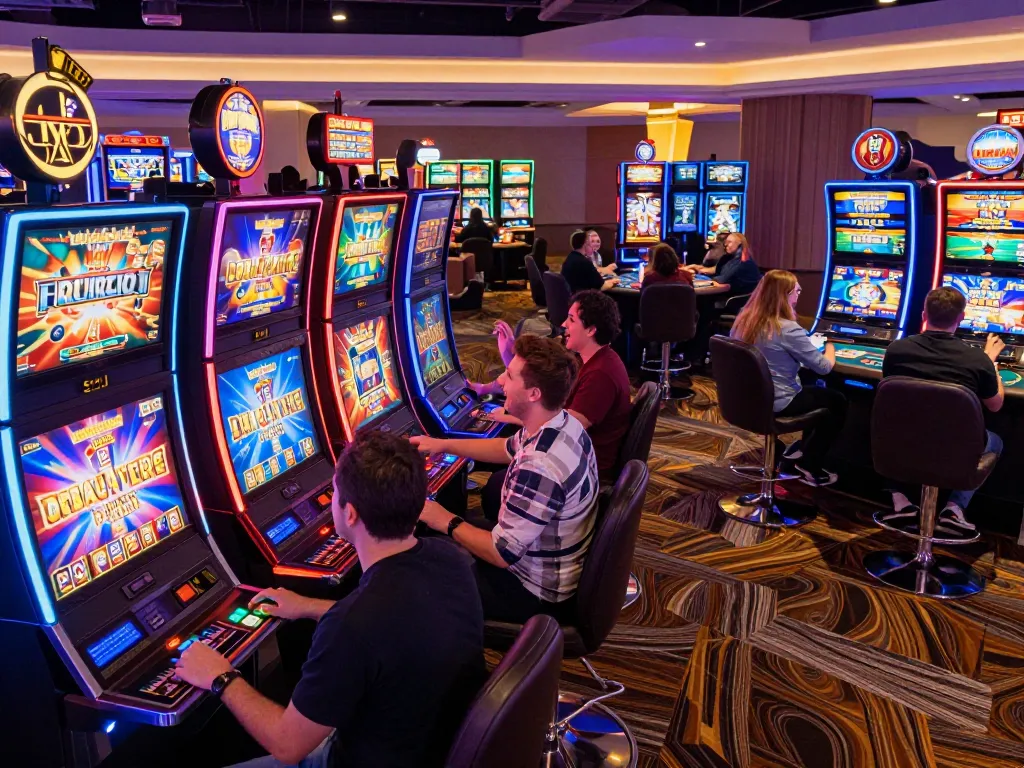 Players enjoying vibrant xo888 slot machines in a bustling casino atmosphere.