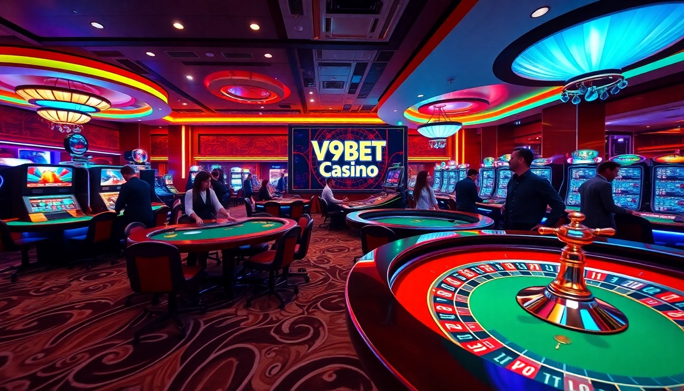 Experience the excitement of V9Bet Casino with a lively gaming environment featuring players at blackjack and roulette tables.