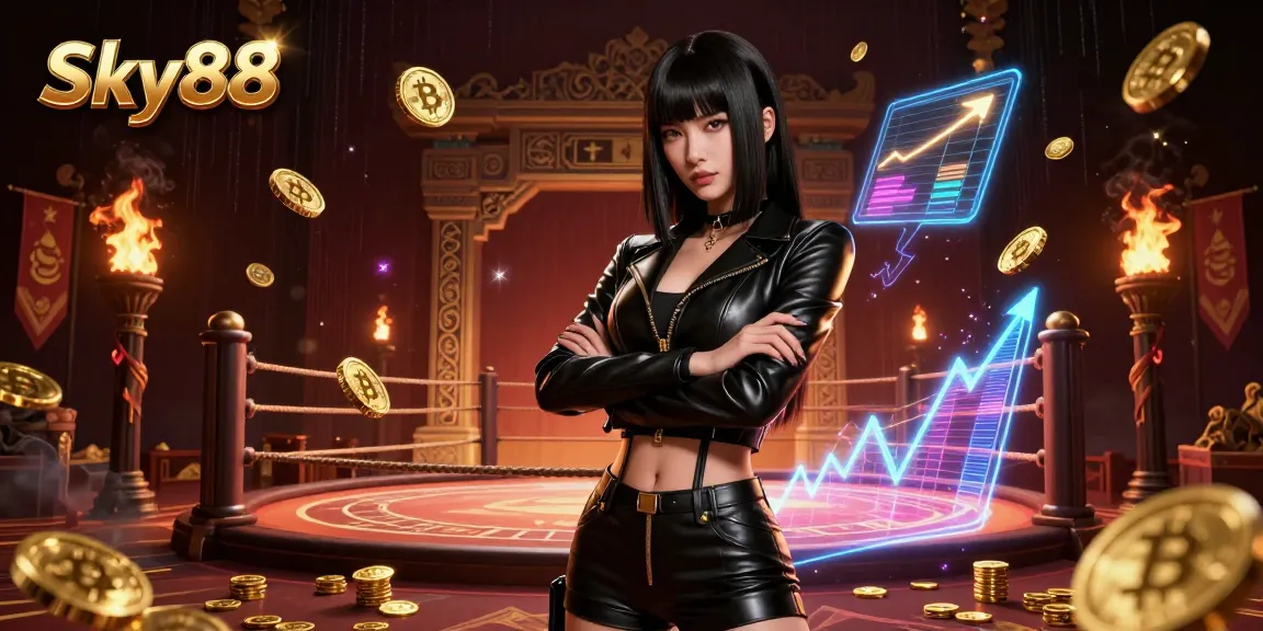 Experience thrilling gaming with Sky88 through an Asian woman in a powerful stance amidst golden coins and holographic elements.