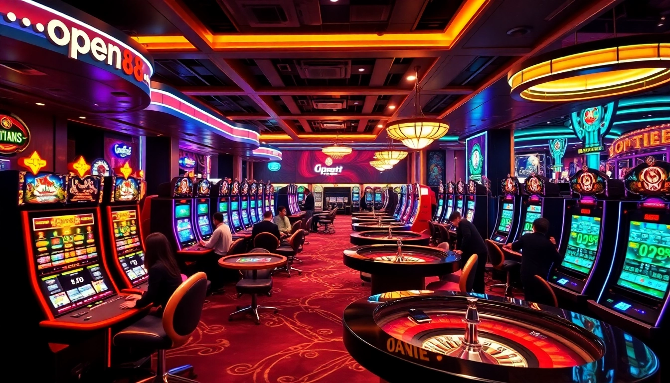 Players enjoying dynamic games at open88 casino, featuring colorful slot machines and lively tables.