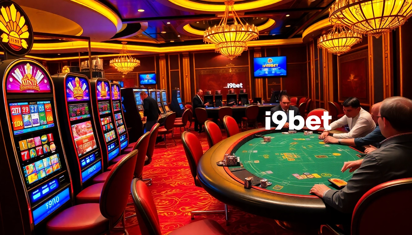 Experience the thrills of i9bet gaming at a luxurious casino filled with slot machines and vibrant poker tables.
