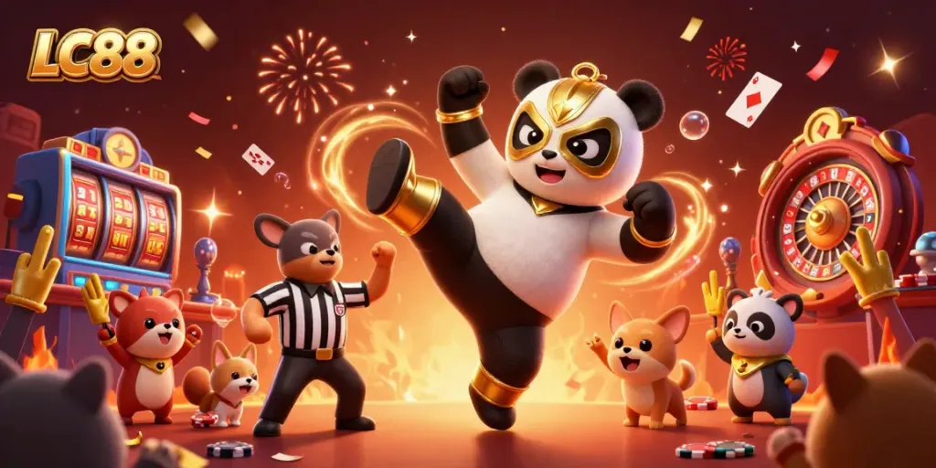 LC88 gaming promotion with animated panda wrestler and casino elements celebrating wins in a vibrant scene.