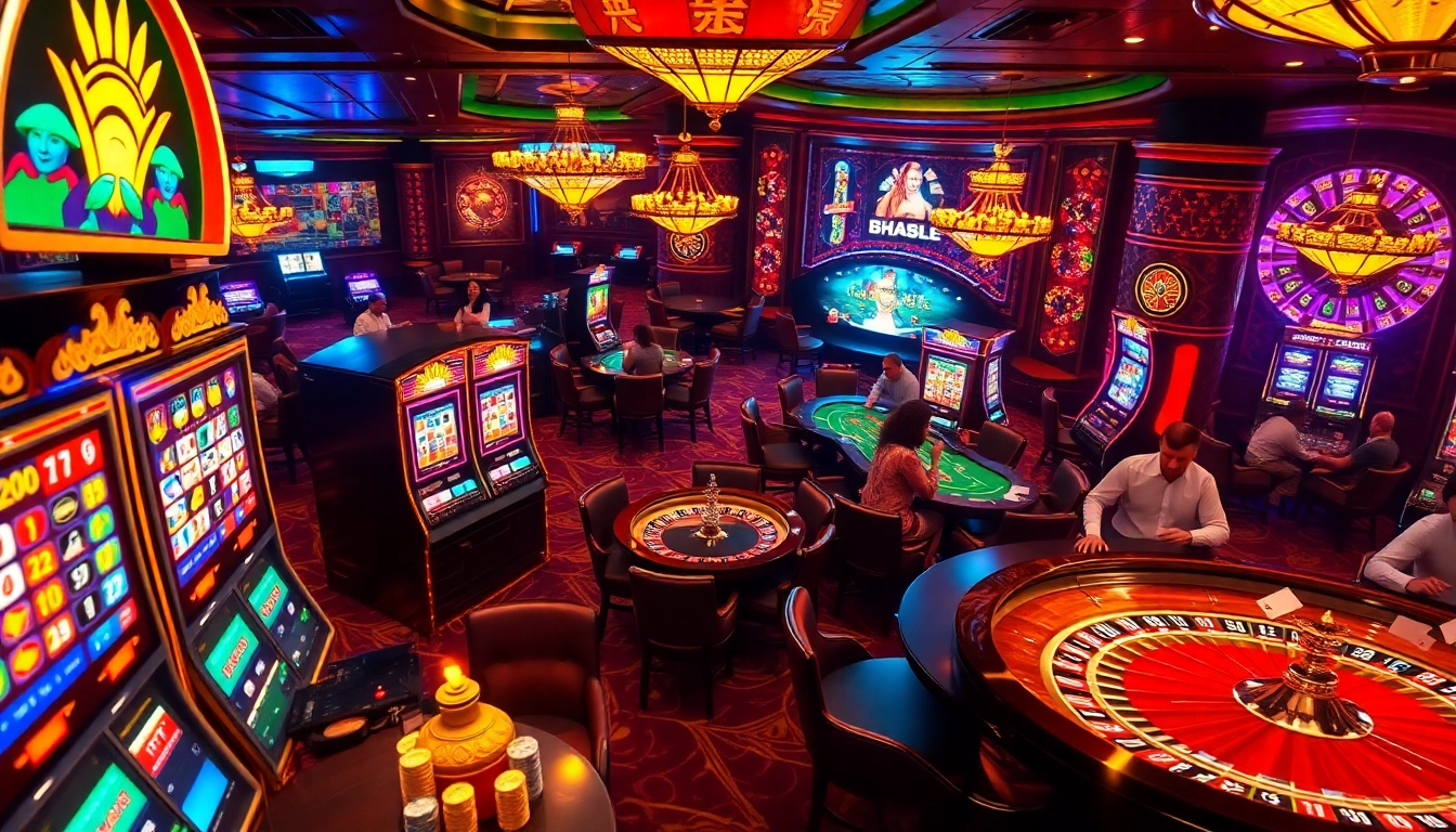 Exciting casino gaming scene at thabett.io with vibrant slot machines and poker players.