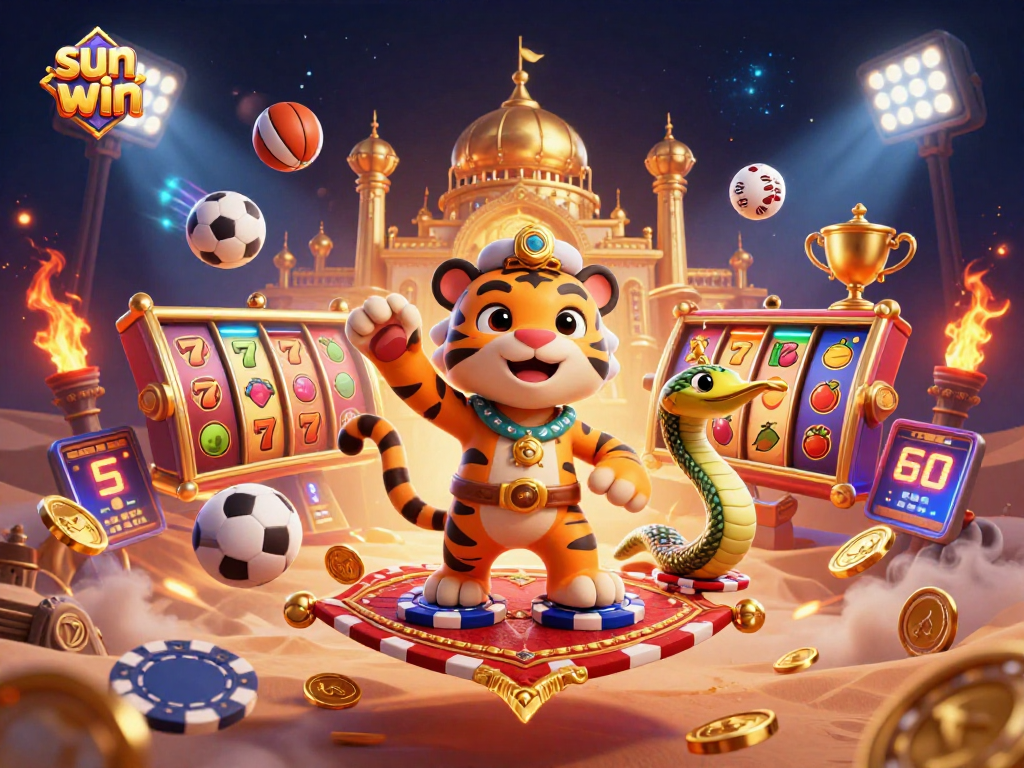 Experience the thrill of sun win as the tiger sultan spins slot reels in an Arabian-themed 3D casino scene.