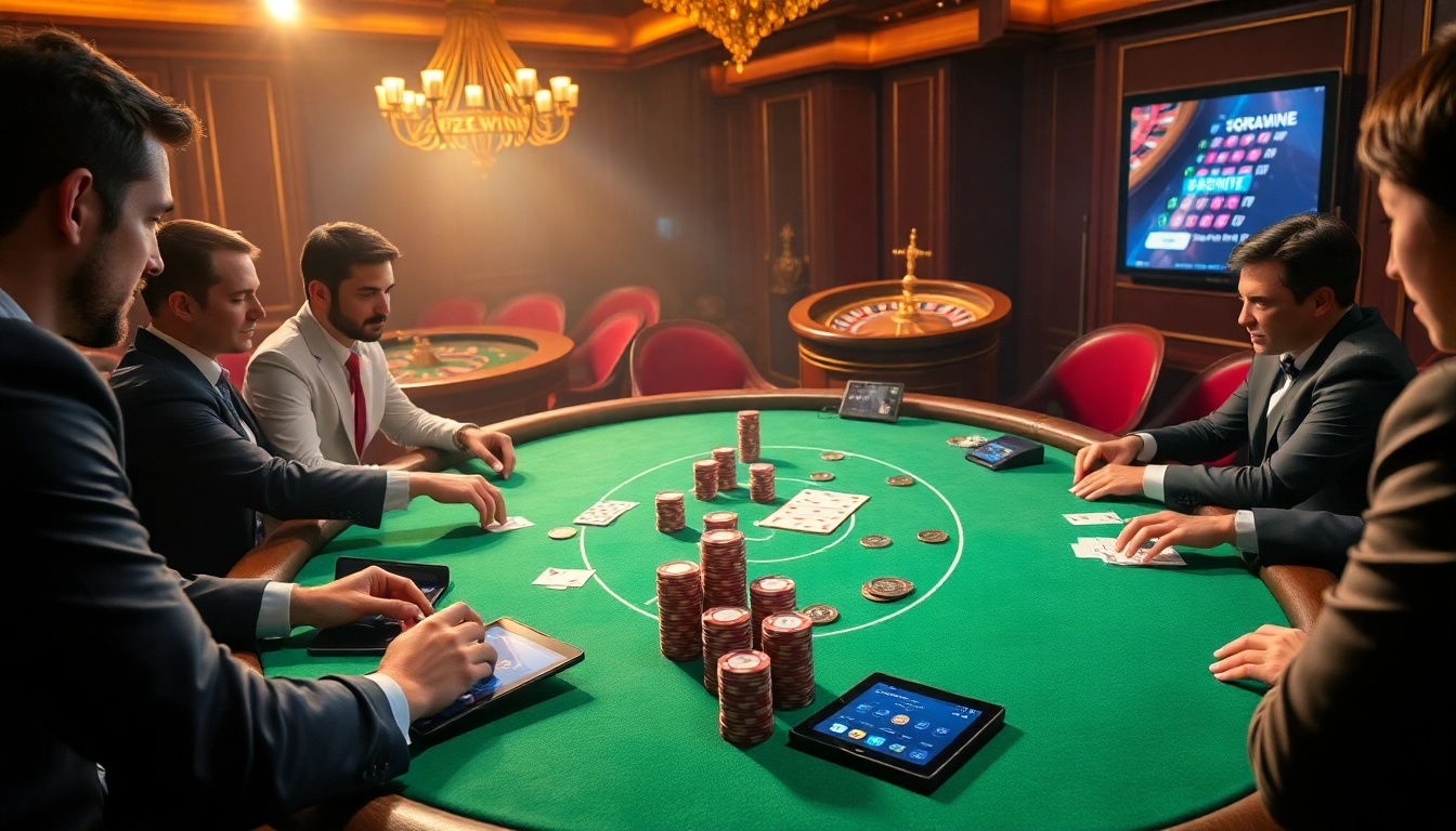 Players enjoying high-stakes poker at a luxurious 789winn casino table, creating a thrilling atmosphere.