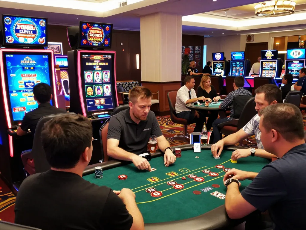 Exciting gaming scene at gem88 online casino with players enjoying poker and vibrant game displays.