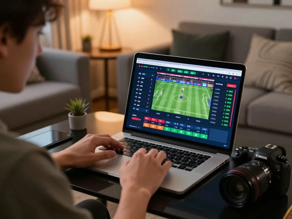 HDBET user engaging in live sports betting at home, strategically analyzing odds and interface on laptop.