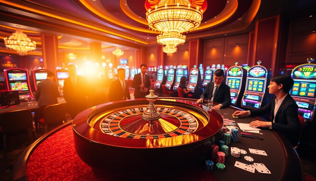 A thrilling gaming scene at nhà cái typhu88, showcasing roulette, poker chips, and players in a luxurious casino atmosphere.