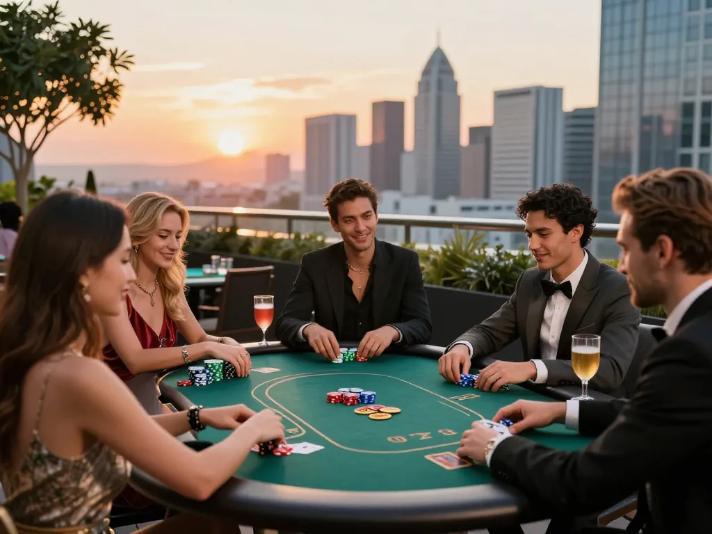 Engaging poker game at fabet on a luxury rooftop terrace with friends, vibrant city backdrop