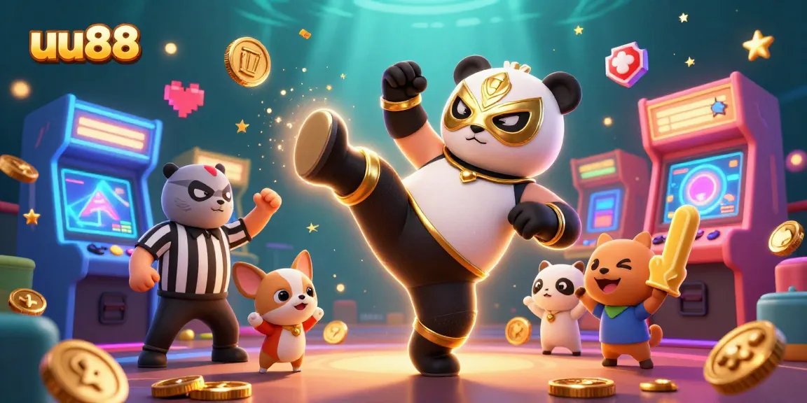 Experience the excitement of uu88 with a lively 3D scene featuring a panda wrestler and vibrant casino elements.
